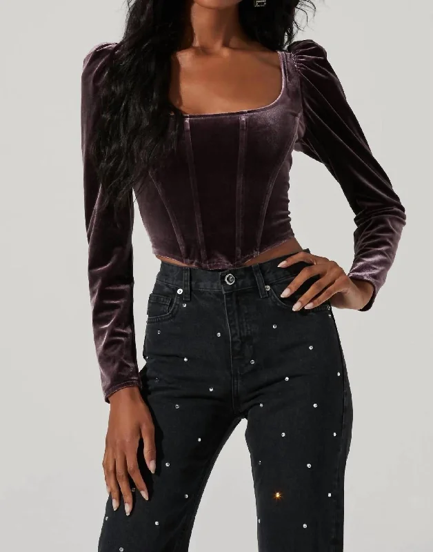 Ashbury Velvet Corset Long Sleeve Top In Raisin Daily Deals