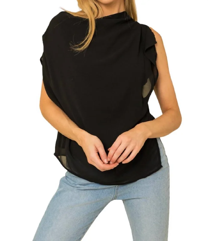 Asymmetrical Loose Fit Cowl Neck Blouse In Black Fashion Essentials