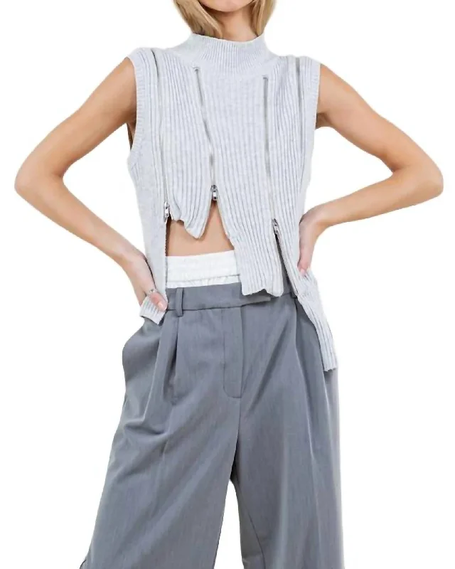 Asymmetrical Multi Zipper Knit Top In Grey Now On Sale For Chic Urban Styles