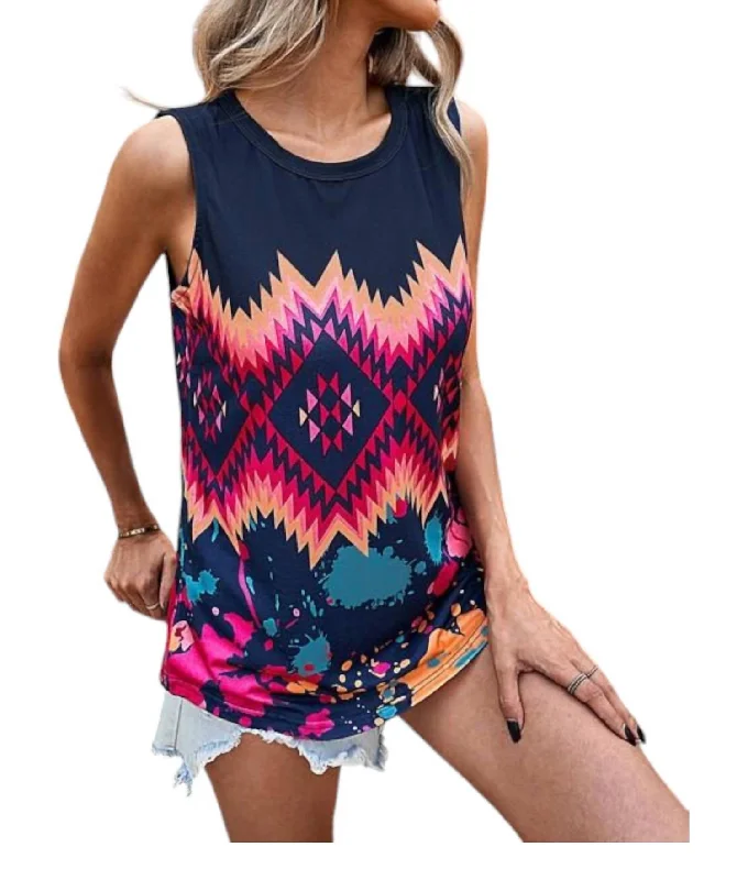 Aztec Tribal Tie-Dye Print Tank Top In Black Multi Season Offer