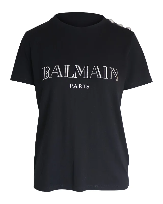 Balmain Graphic Print Crew Neck T-Shirt in Black Cotton Exclusive Sale