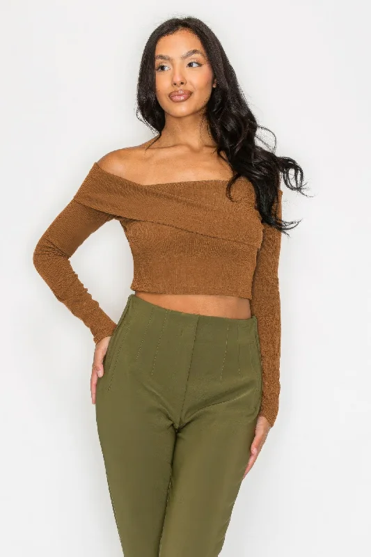 Bardot ribbed long sleeve crop top Odd Size Clearance Sale