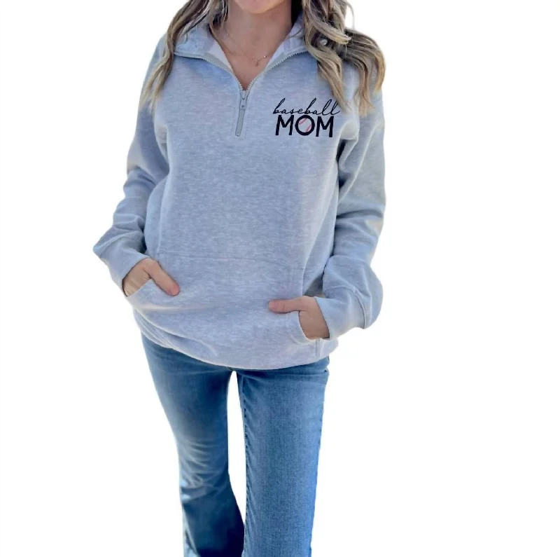 Baseball Mom - Quarter Zip Sweatshirt In Light Heather Grey Minimalist Chic