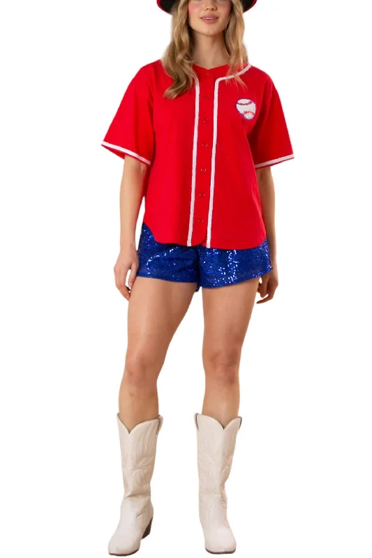 Baseball Sequins Embroidery Top In Red Trendy Attire For Her