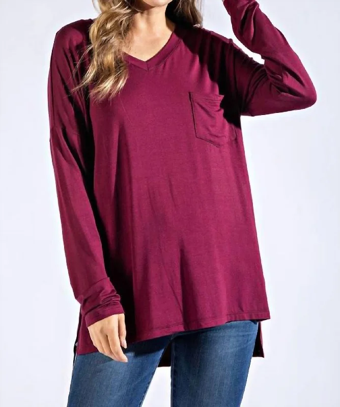 Basic Pocket Solid Tee In Wine Stylish Basics