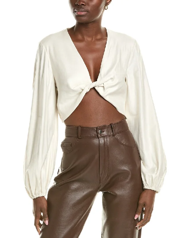 BCBGMAXAZRIA Twist Front Linen-Blend Crop Top Casual Weekend Relaxed Style