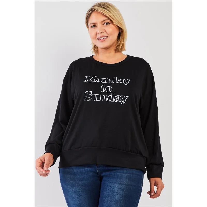 Black "monday Sunday" Print Long Sleeve Relaxed Sweatshirt Top Discount Extravaganza