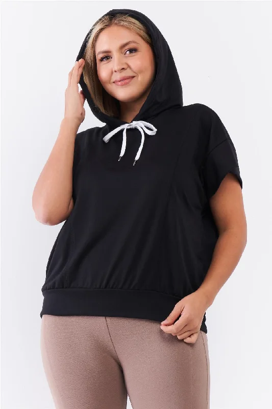 Black Short Wing Sleeve Relaxed Fit White Draw String Tie Hood Detail Top Trendy New Clothes