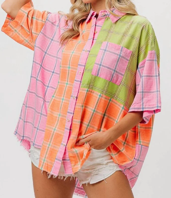 Bleach Washed Check Plaid Shirt In Pink/peach/lime Save On Classic Elegant Styles