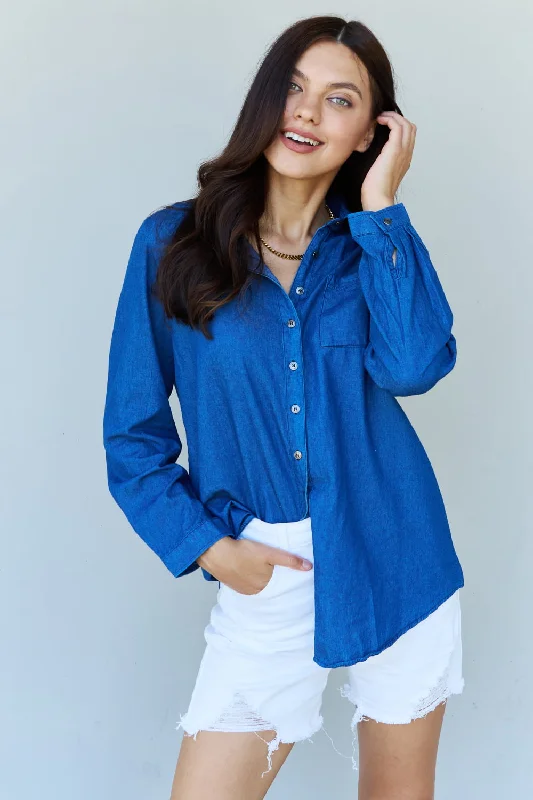 Blue Jean Baby Denim Button Down Shirt Top in Dark Blue Elevate Your Wardrobe