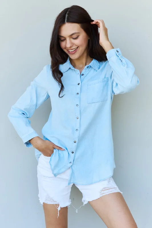 Blue Jean Baby Denim Button Down Shirt Top in Light Blue Season Sale