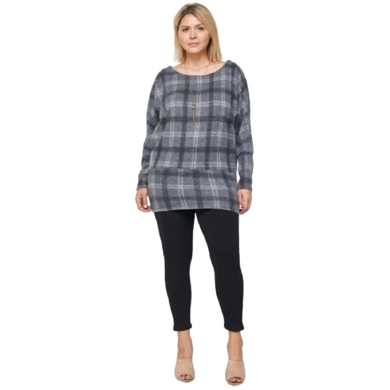 Boat Neck, Plaid Print Tunic Top, With Long Dolman Sleeves First Order Discount