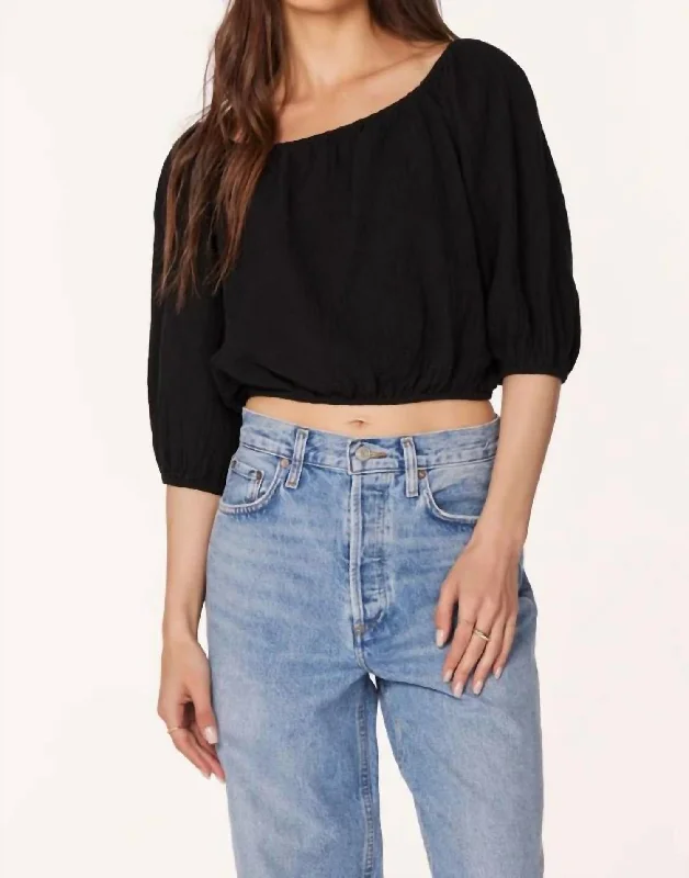 Boatneck Shirred 3/4 Sleeve Top In Black Top Brand Discounts