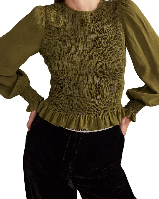 Boden Crew Neck Smocked Bodice Top Luxe Layering