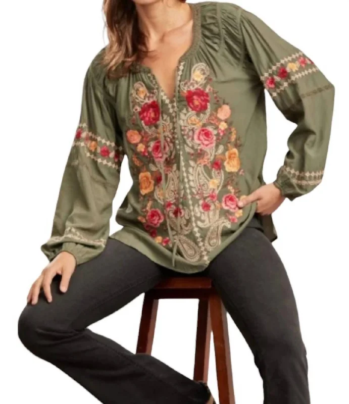 Boho Embroidered Curvy Top In Green Popular Collection