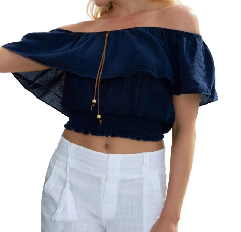 Bonita Off-Shoulder Top In Midnight Blue Rustic Countryside Charm Look