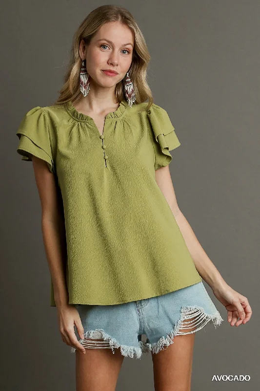 Boxy Cut Faux Button Ruffle Neckline Top With Short Layered Sleeves Absurdly Cheap Sale