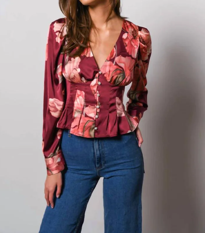 Britt Pintucked Top In Wine Vining Painted Floral Fashion Deal