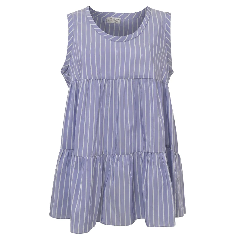 Brunello Cucinelli Stripe Tiered Sleeveless Top in Light Blue Cotton Massive Selection Sale