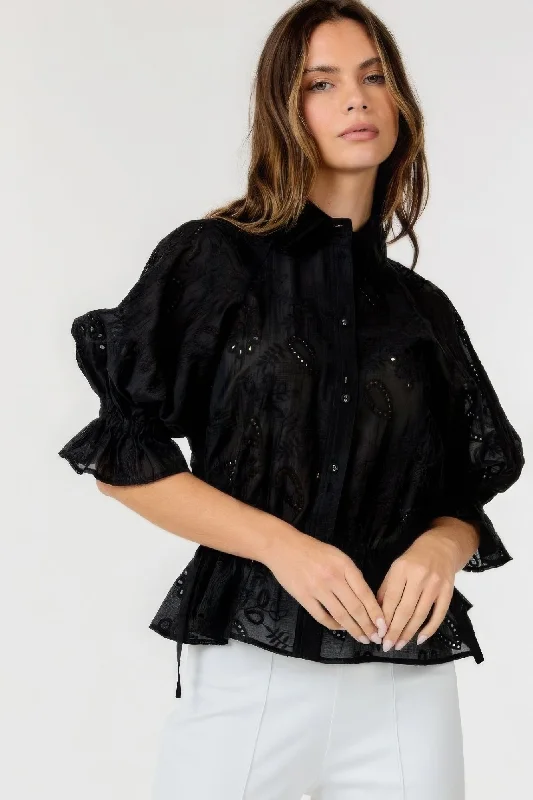 Button-down Collar Neck Embroidered Top Seasonal Style Discounts