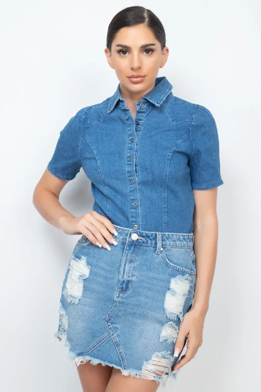 Button-down Collared Denim Top The Latest Trends