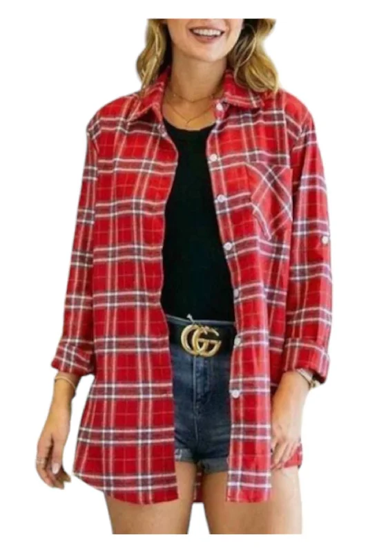 Button Down Plaid Flannel Shirt In Red Chic Styles