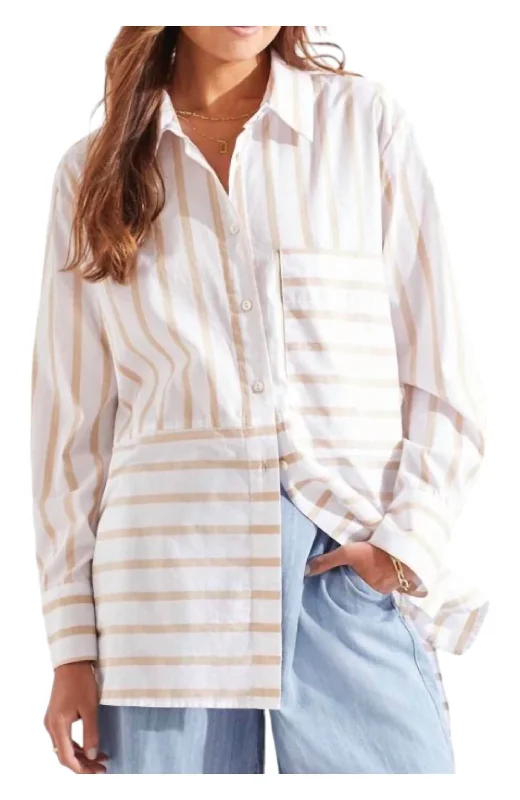 Button Front Blouse In White/beige Trendy Urban Attire