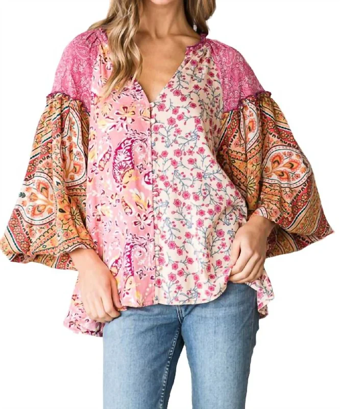 Button Front Print Mixed Blouse In Pink Stylish Looks