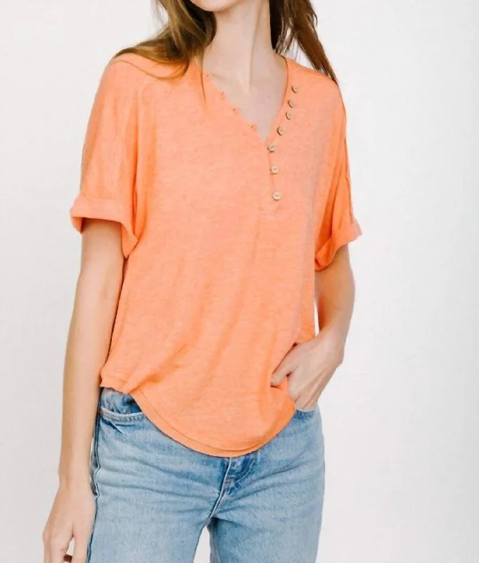 Button Roll Up Sleeve Knit Top In Orange Chic Allure