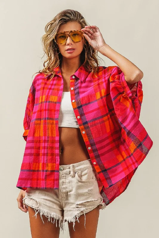 Button Up Dolman Sleeve Plaid Shirt Seasonal Sale