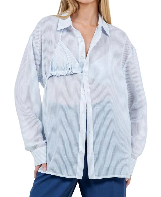 Button-Up Sheer Blouse With Bikini Top In White/blue Clearance Event