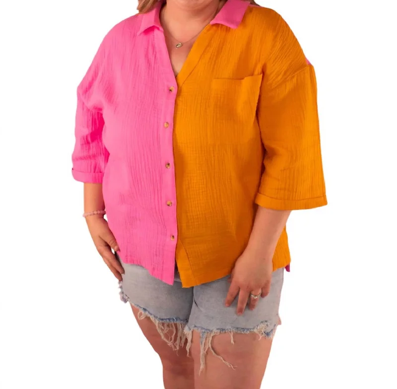 Button-Up Top In Sunset Sorbet Quality Wear