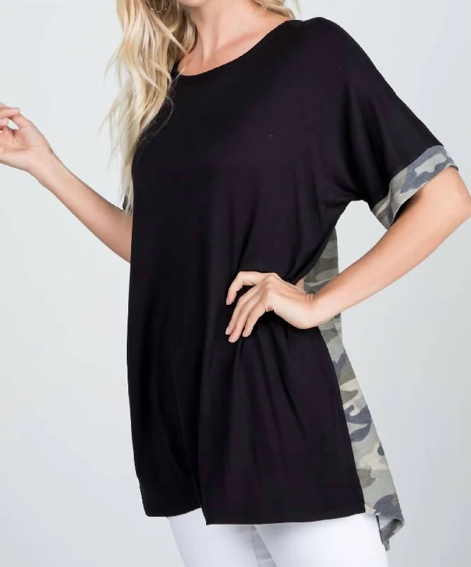 Camo Criss Cross Tunic Top In Black Chic Wardrobe Essentials