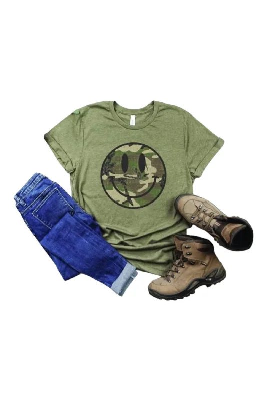 Camo Smiley Tee In Army Green Feminine Charm