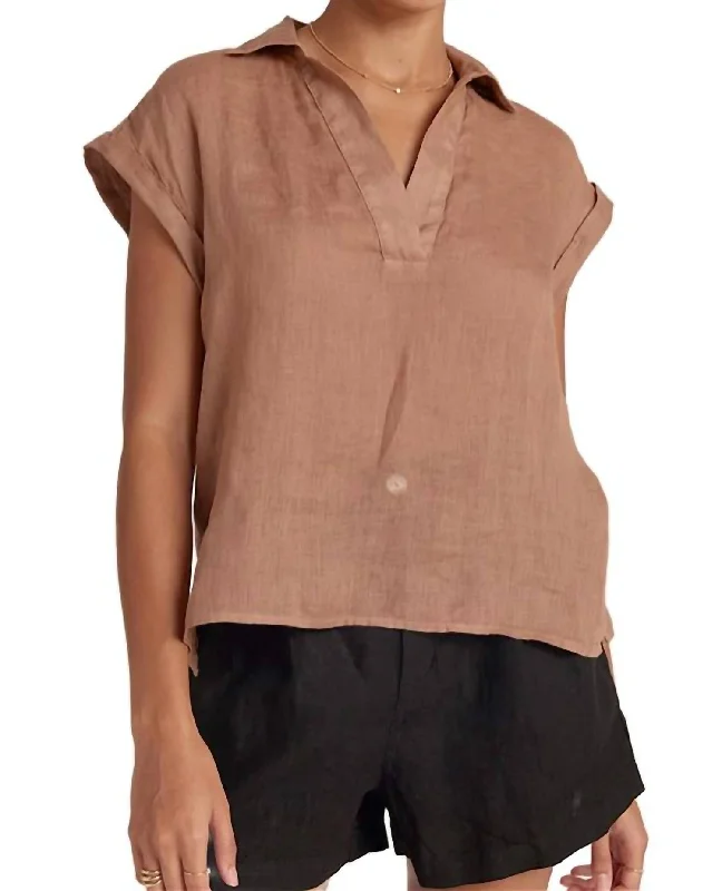 Cap Sleeve Henley Blouse In Desert Brown Massive Savings