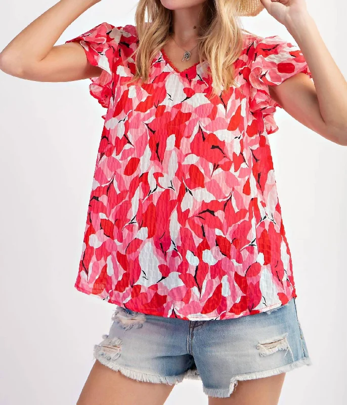 Cap Sleeve Printed Satin Woven Top In Bright Red Tropical Island - Inspired Attire