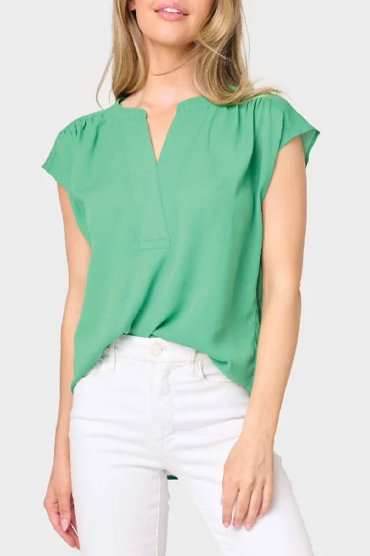 Cap Sleeve Stitched Notch V-Neck Blouse In Grass Green Limited Time Flash Sale