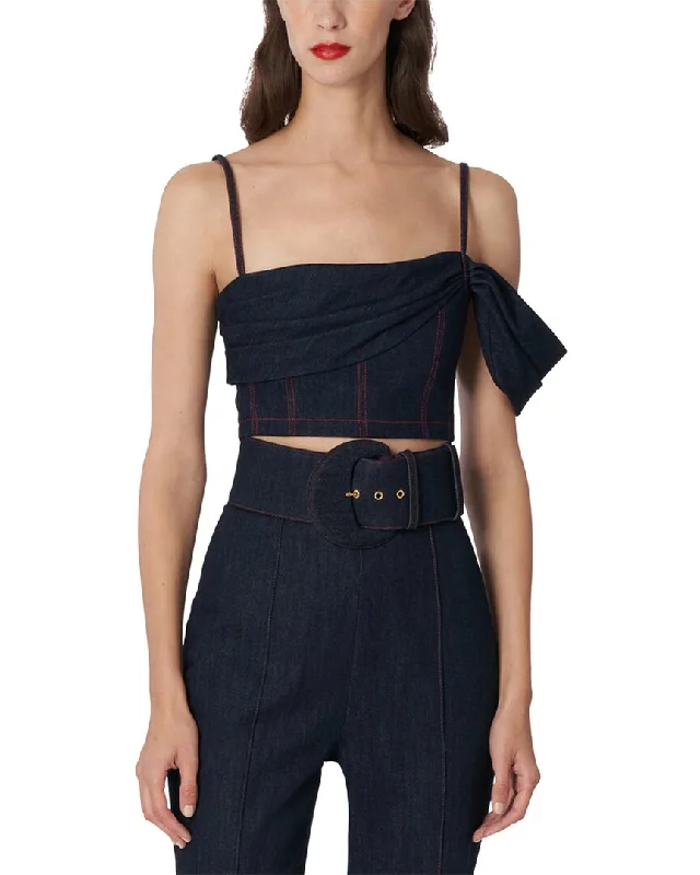 Carolina Herrera One-Shoulder Sash Corset Cropped Top Fashion-Forward