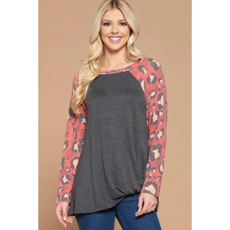 Casual French Terry Side Twist Top With Animal Print Long Sleeves Browse Our Top Products