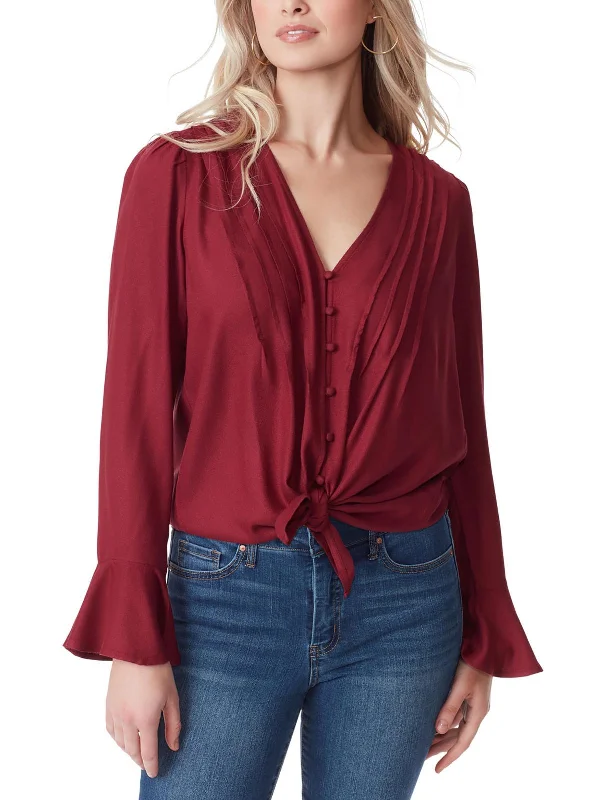 Cecily Womens V Neck Bell Sleeve Button-Down Top Elegant Style