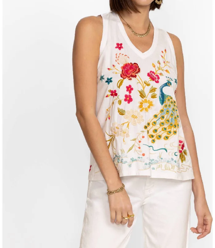 Celina Raw Edge V-Neck Tank In White Luxe Layering