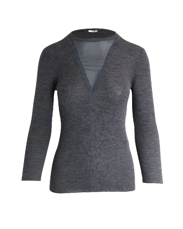 Celine Sheer Panel Long Sleeve Top in Grey Wool Stylish Savings