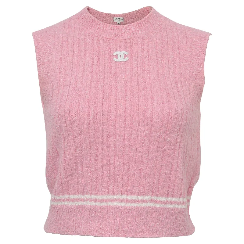 Chanel 2022 Crewneck Tweed CC Crop Top in Pink Viscose Fashion For Every Occasion