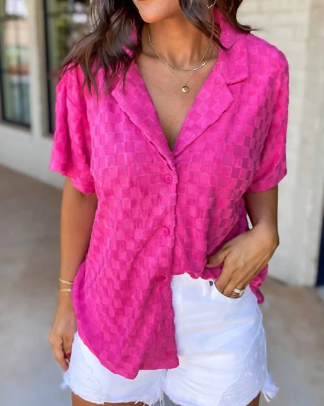 Checker Short Sleeve Buttoned Shirt In Bright Pink Odd Size Clearance Sale