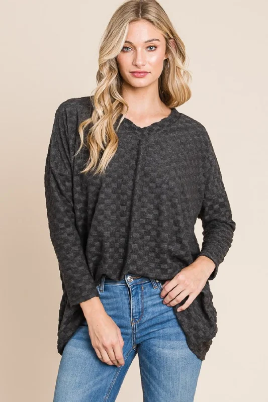 Checkered Long Sleeve V-Neck T-Shirt Season Transition Versatile Wear Clearance