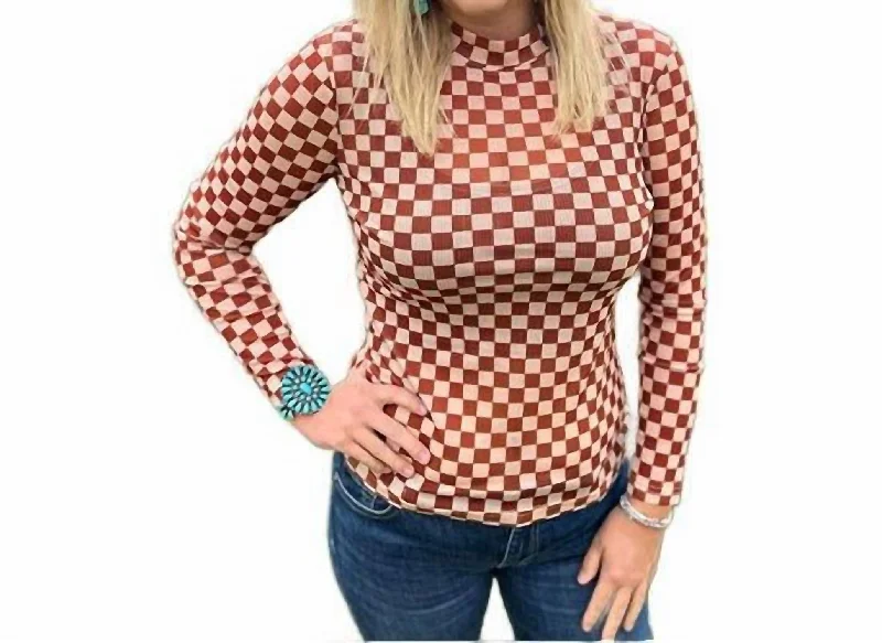 Checkered Mesh Long Sleeve Top In Burnt Orange And Cream Trending Items