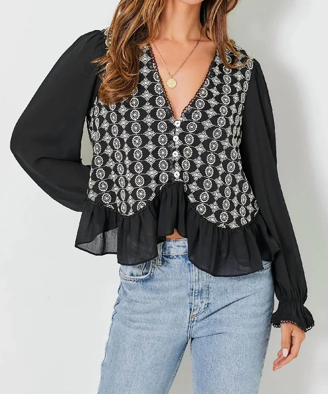 Chic Western Long Sleeve Top In Black Pastel Styles