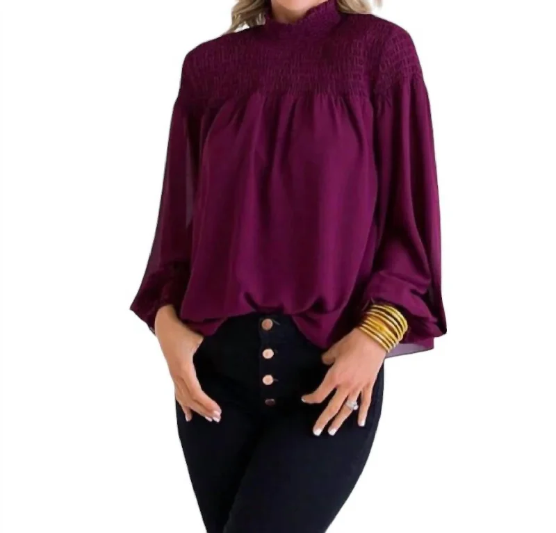 Chiffon Smock Neck Top In Burgundy Vintage Inspired Fashion Sale