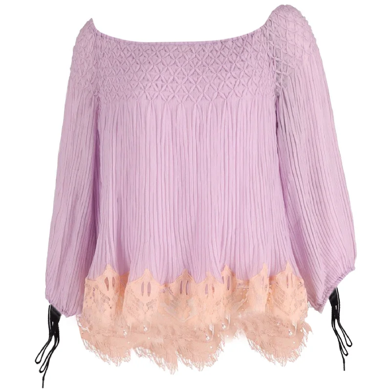 Chloe Pleated Top Lace Trim Off Shoulder Top in Purple Acetate Special Offer For You