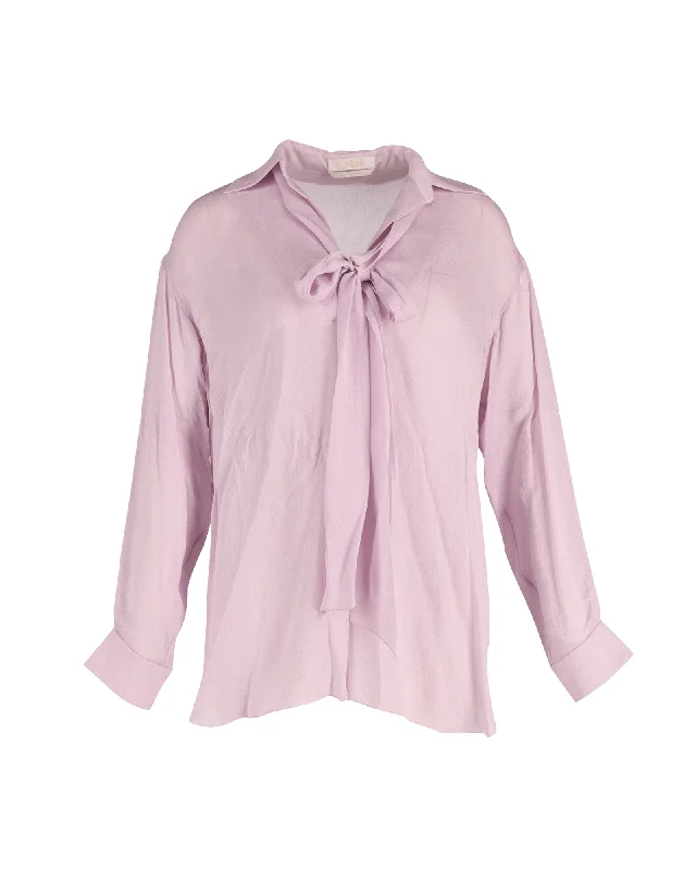 Chloe Tie Neck Long Sleeve Blouse in Lilac Viscose Huge Discounts This Week